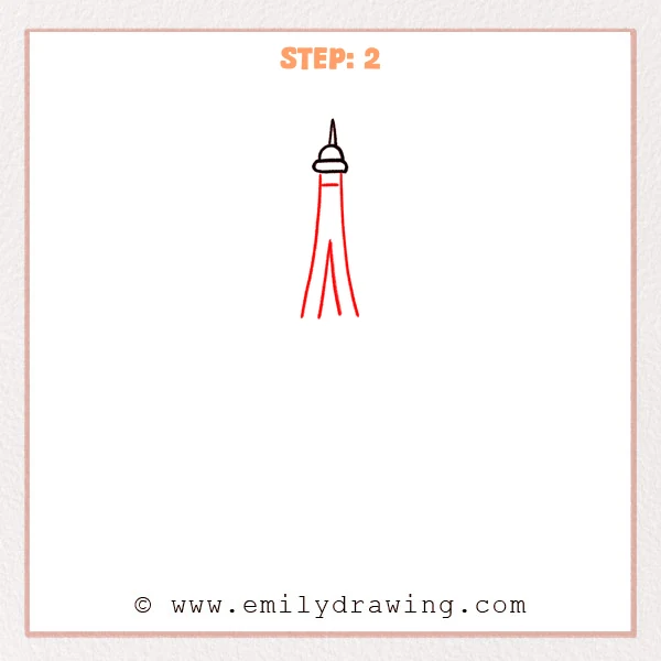 how to draw an eiffel tower - The Eiffel Tower drawing now includes long outer legs and an inner A-shaped support beneath the top deck.